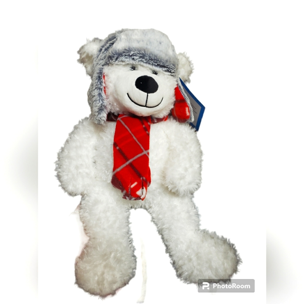 NWT GT Gentle Treasures White Bear Plush 17" Fleece Scarf  Hat Stuffed Animal
